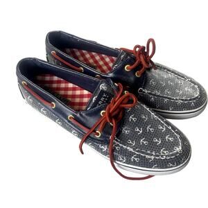 Sperry Top Sider Boat Shoes Nautical Anchors Red Blue Yacht Life Sequins 8.5